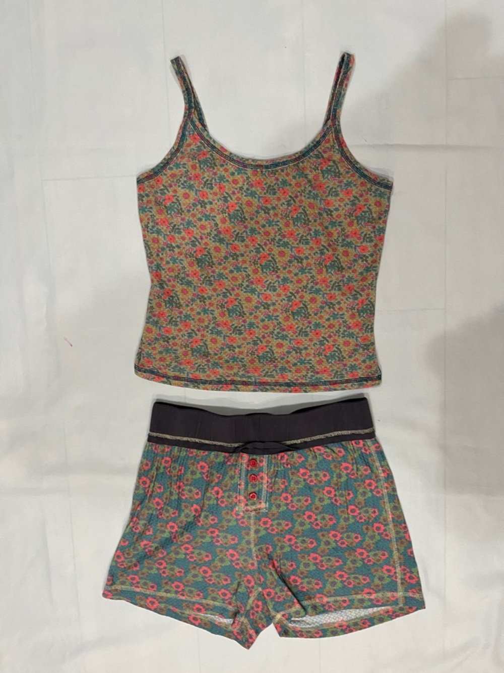 NATURAL LIFE Floral Print Cami & Boxer Short Set in Green and Pink